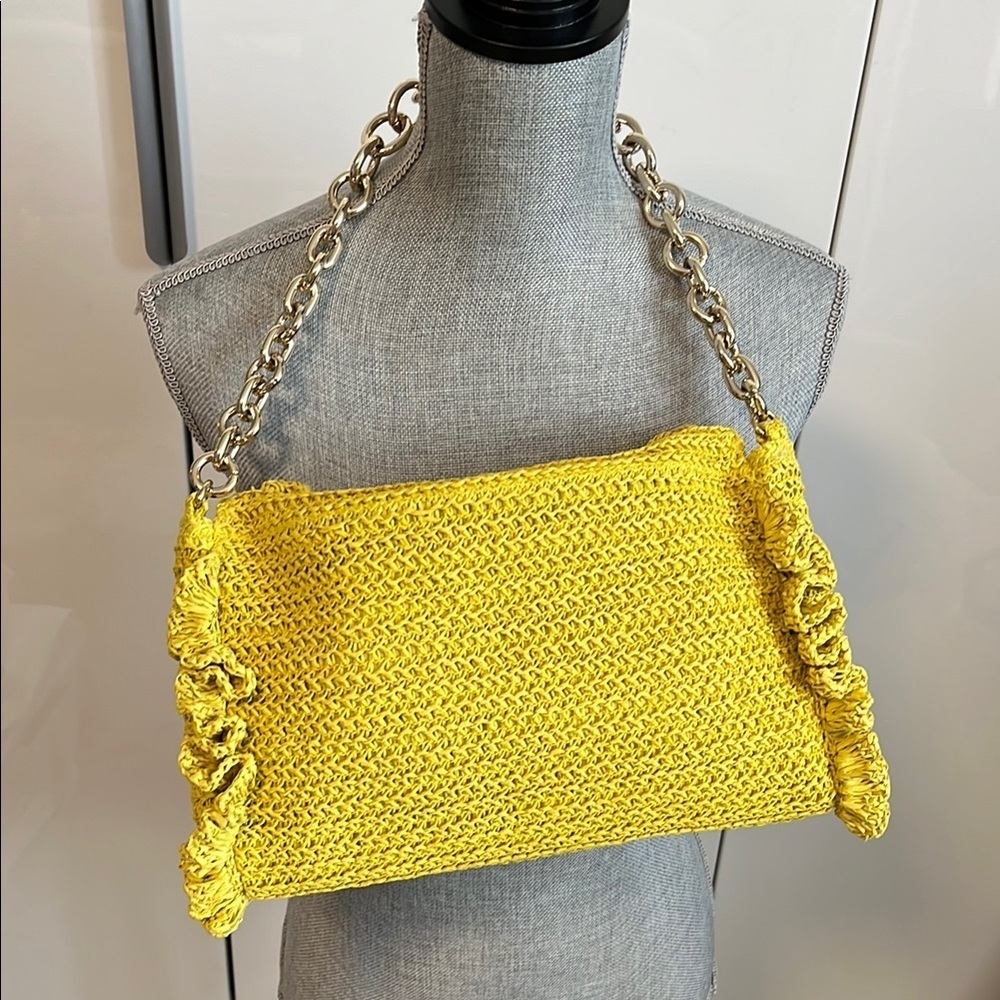 Zara NWOT Chartreuse Ruffled Raffia Shoulder Bag Gold Chain Strap - Picture 5 of 14